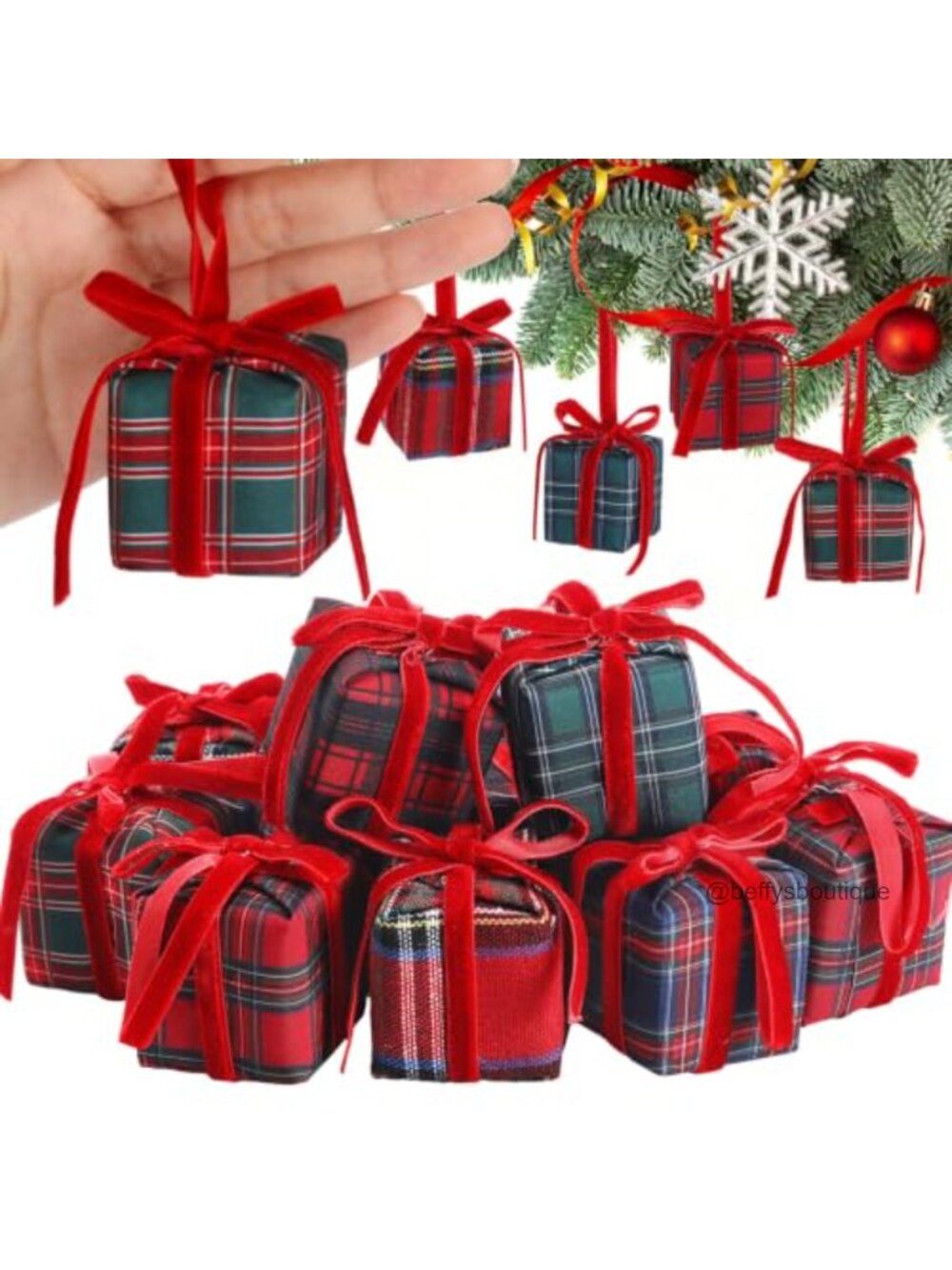 24 Pack Mini Christmas Gift Box Ornaments Plaid Fabric Foam Tree Decor
